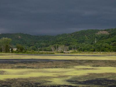Wide view of Myrick Park Marsh and bluff with an oncoming storm.