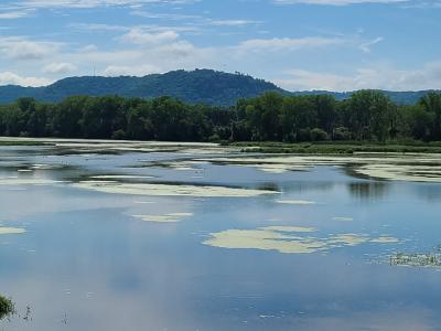View of the marsh with water, greenery, and the bluffs in the distance.